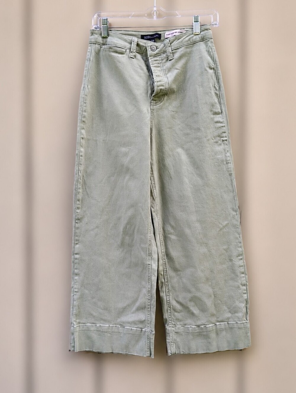 BCBGeneration High Rise Wide Leg Crop Pants 7/28 Sage Button Fly Stretch Granola